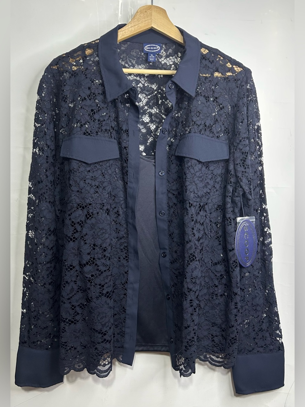 Scoop Navy Lace Long Sleeve Lined Blouse XL (16-18)- NWT
